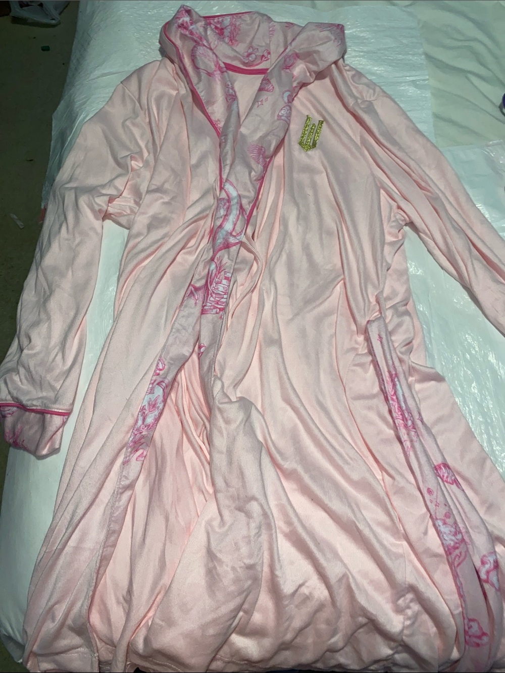 Katie K Pink Hooded Robe with Bright Pink Floral Trim